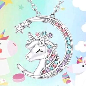 925 Sterling Silver‎ Multicolor Sparkling  Unicorn Cresent Moon Pendant Necklace